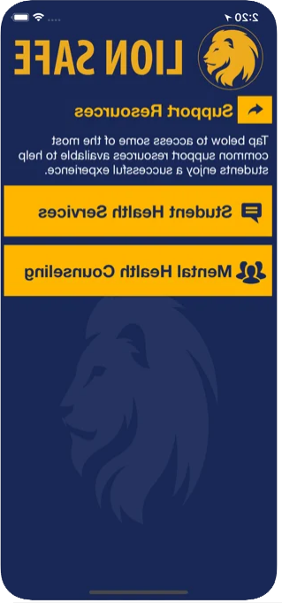 Screenshot of the support resources page in the Lion Safe app.  
